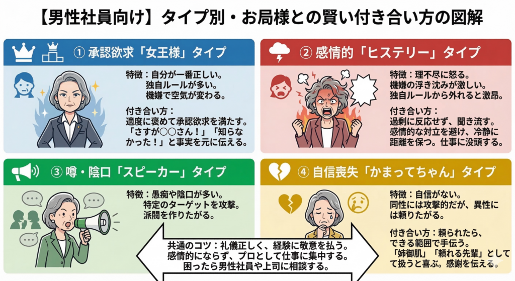 【男性社員向け】タイプ別・お局様との賢い付き合い方