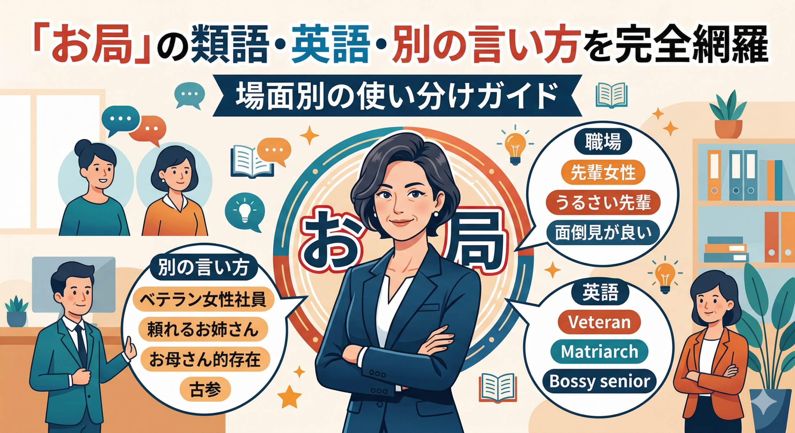 「お局」の類語・英語・別の言い方を完全網羅｜場面別の使い分けガイドのアイキャッチ画像をお願い