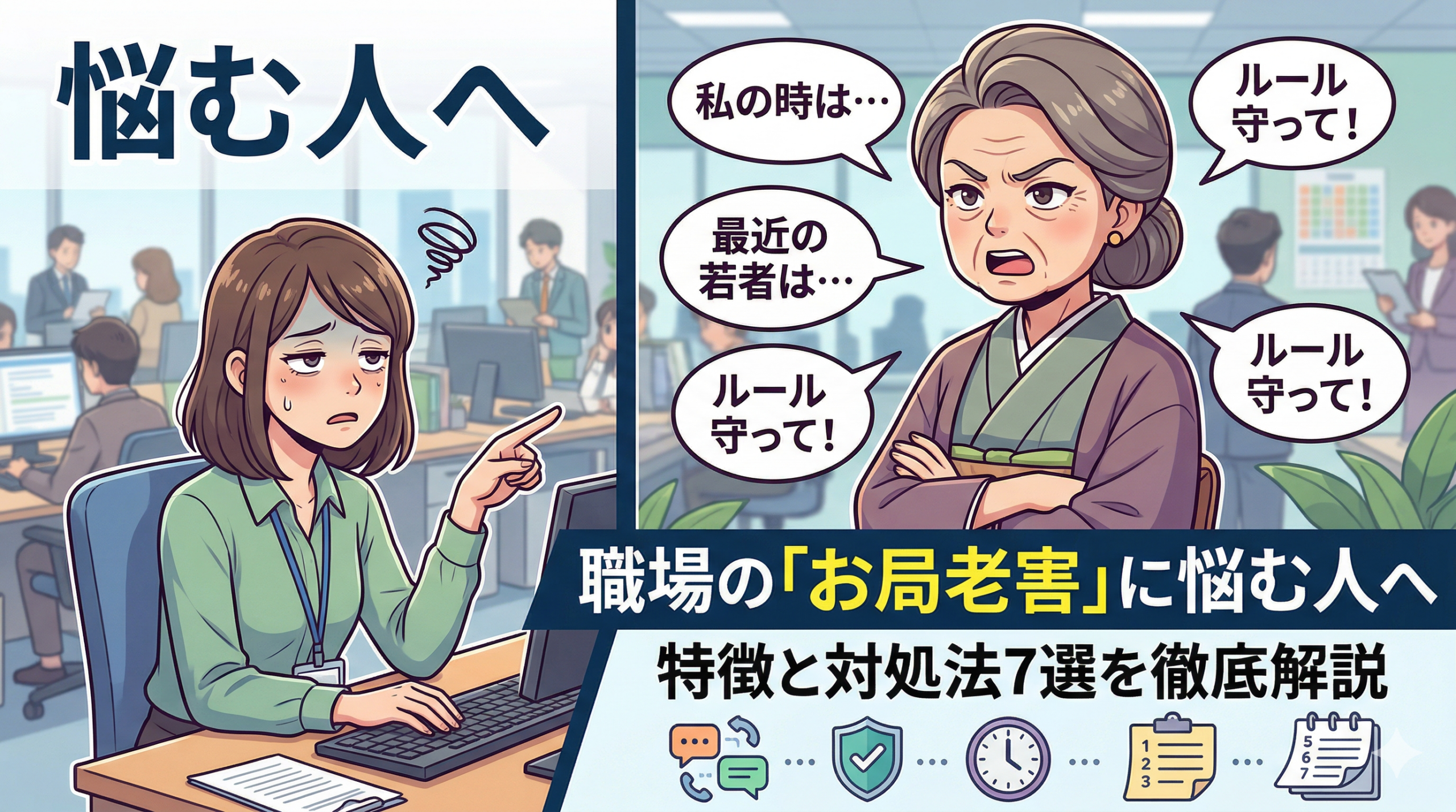 職場の「お局老害」に悩む人へ｜特徴と対処法7選を徹底解説のアイキャッチ画像をお願い